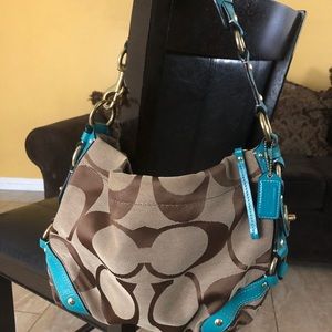 Coach Carly Signature Khaki/Teal Jacquard Leather Duffle Shoulder Bag